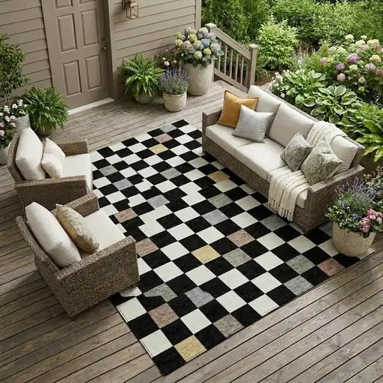 Black And Yellow Geometric Washable Indoor Outdoor Area Rug Photo 1