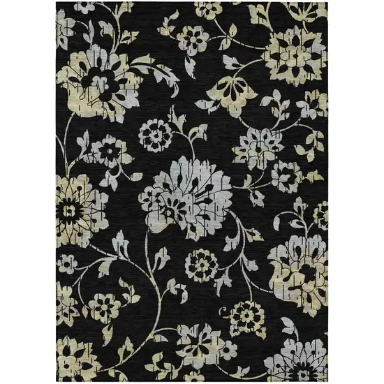 Black Artichoke Green And Silver Floral Washable Indoor Outdoor Area Rug Photo 2