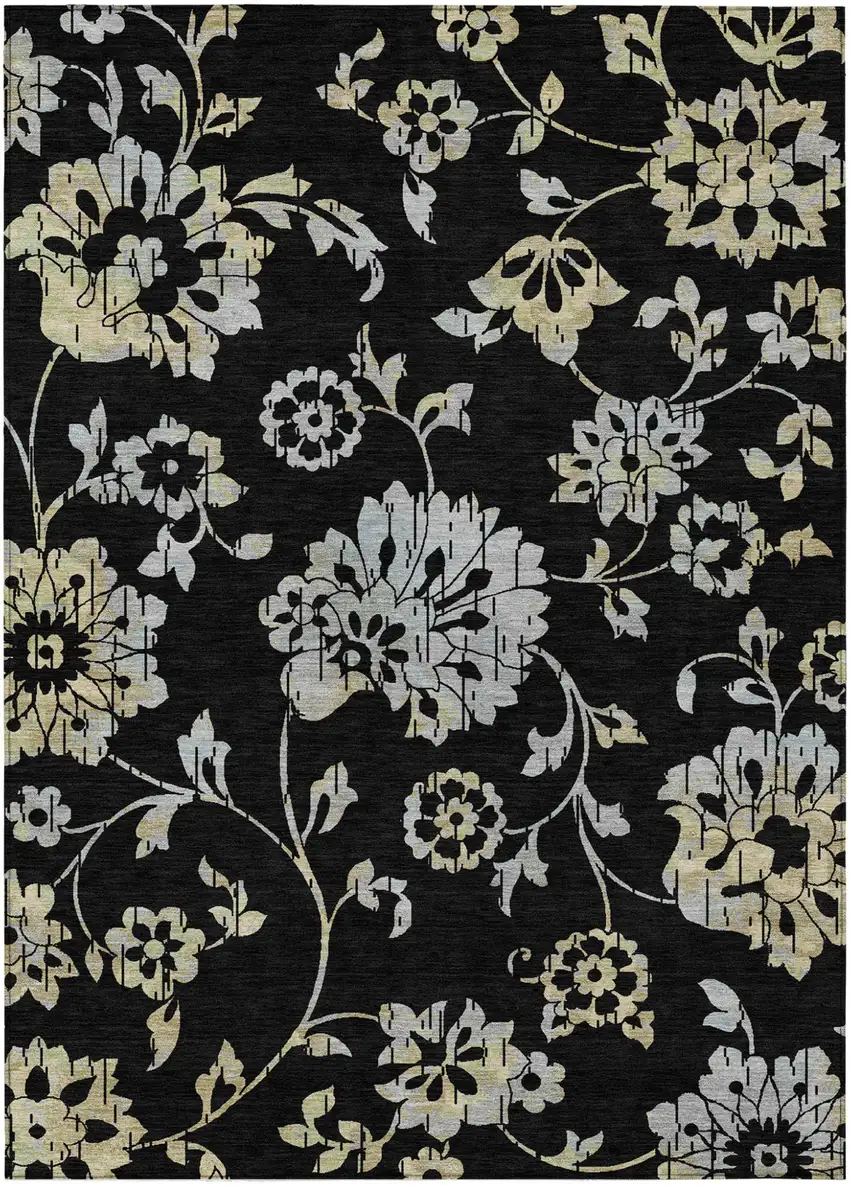 Black Artichoke Green And Silver Floral Washable Indoor Outdoor Area Rug Photo 2