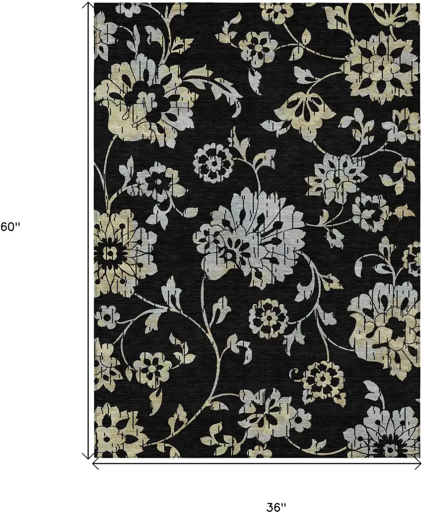 Black Artichoke Green And Silver Floral Washable Indoor Outdoor Area Rug Photo 3