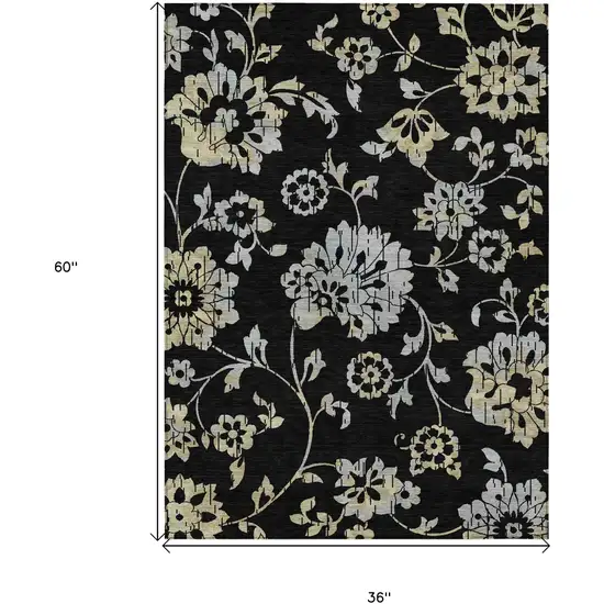 Black Artichoke Green And Silver Floral Washable Indoor Outdoor Area Rug Photo 3