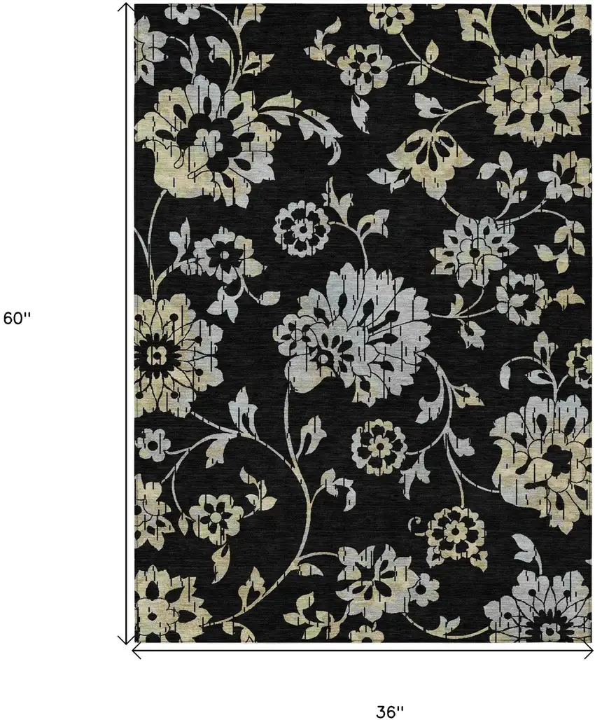 Black Artichoke Green And Silver Floral Washable Indoor Outdoor Area Rug Photo 3