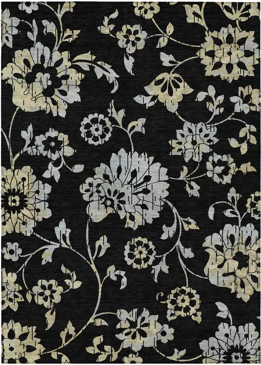 Black Artichoke Green And Silver Floral Washable Indoor Outdoor Area Rug Photo 2