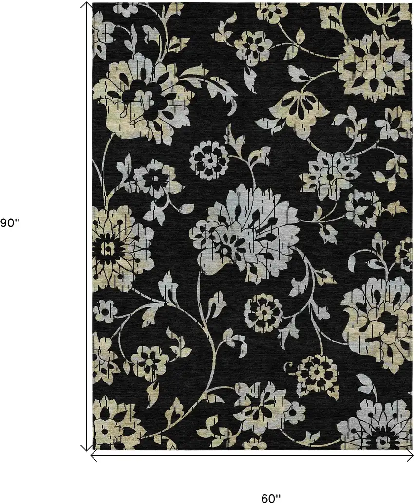 Black Artichoke Green And Silver Floral Washable Indoor Outdoor Area Rug Photo 3