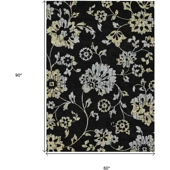 Black Artichoke Green And Silver Floral Washable Indoor Outdoor Area Rug Photo 3