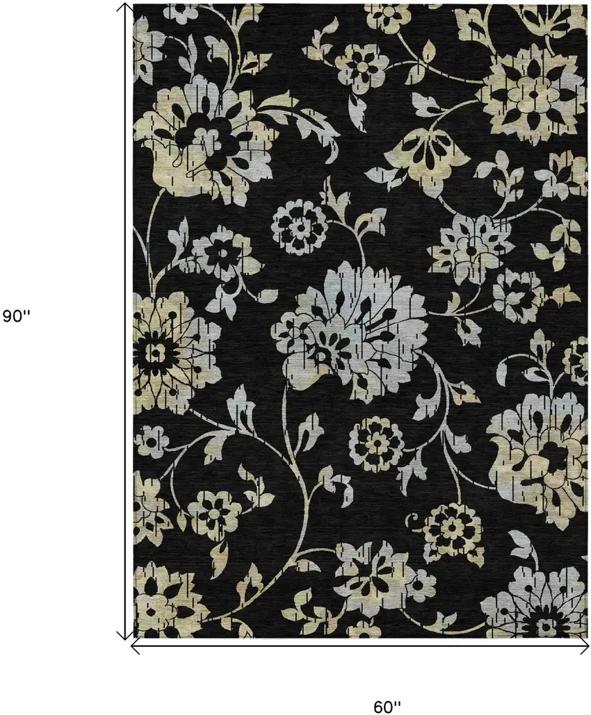 Black Artichoke Green And Silver Floral Washable Indoor Outdoor Area Rug Photo 3