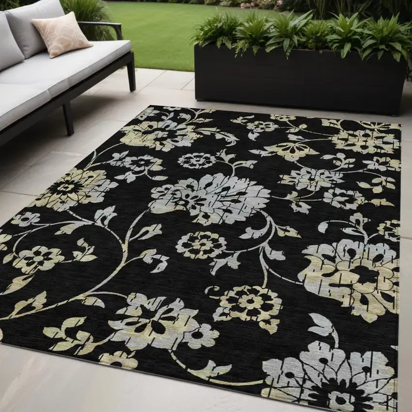 Black Artichoke Green And Silver Floral Washable Indoor Outdoor Area Rug Photo 1