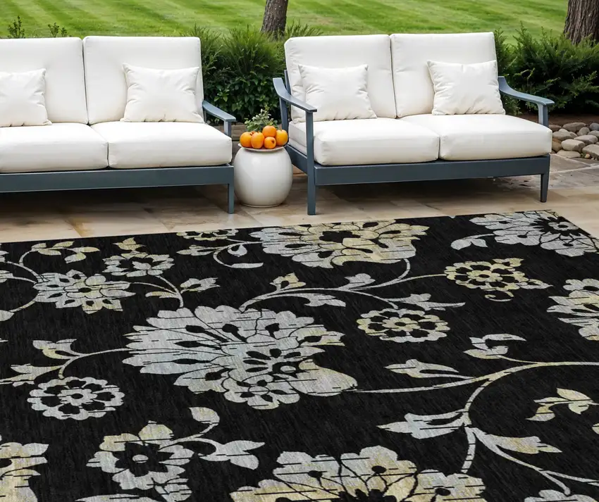 Black Artichoke Green And Silver Floral Washable Indoor Outdoor Area Rug Photo 1