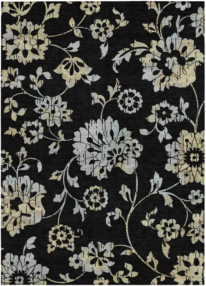 Black Artichoke Green And Silver Floral Washable Indoor Outdoor Area Rug Photo 8