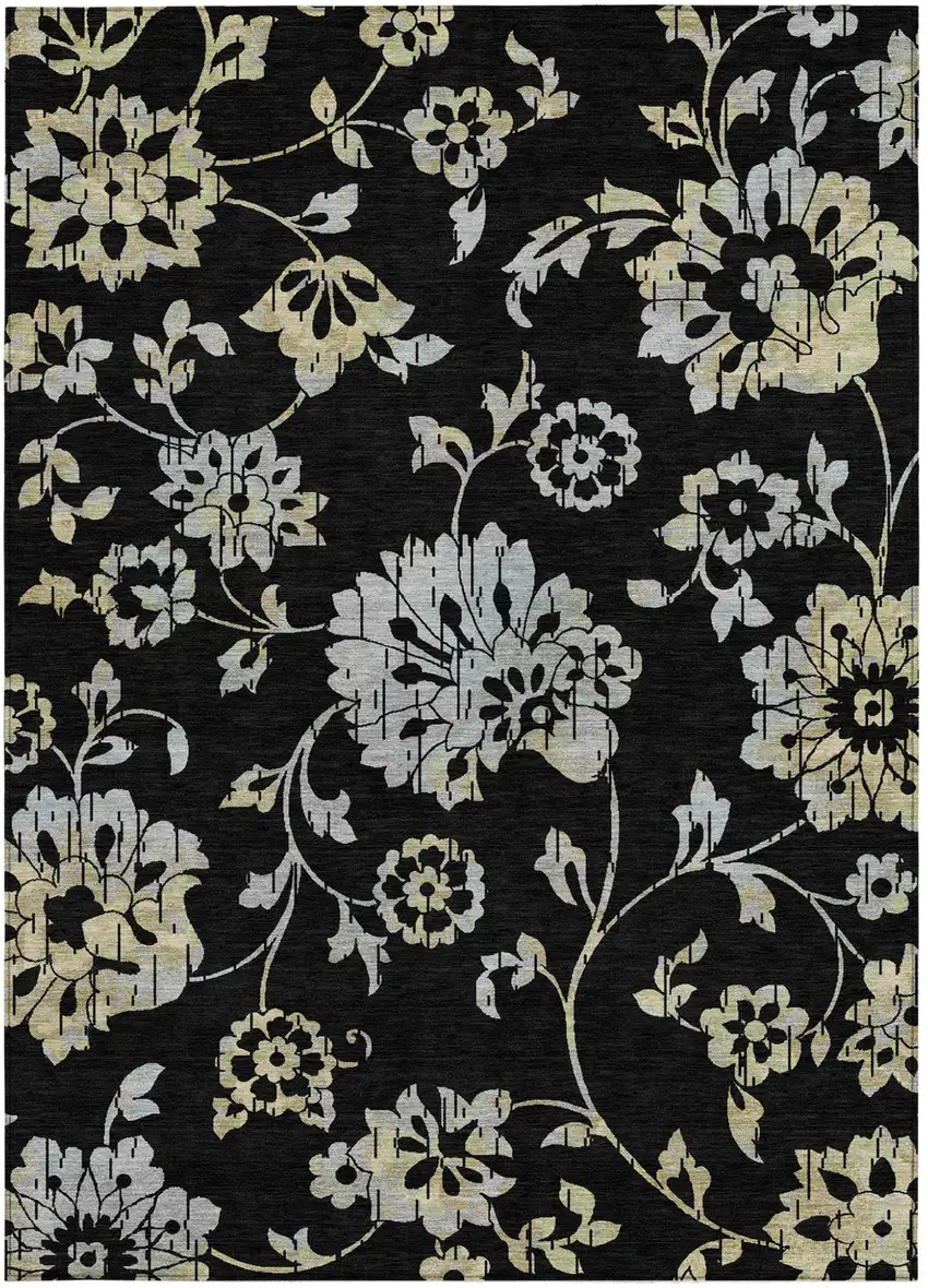 Black Artichoke Green And Silver Floral Washable Indoor Outdoor Area Rug Photo 8