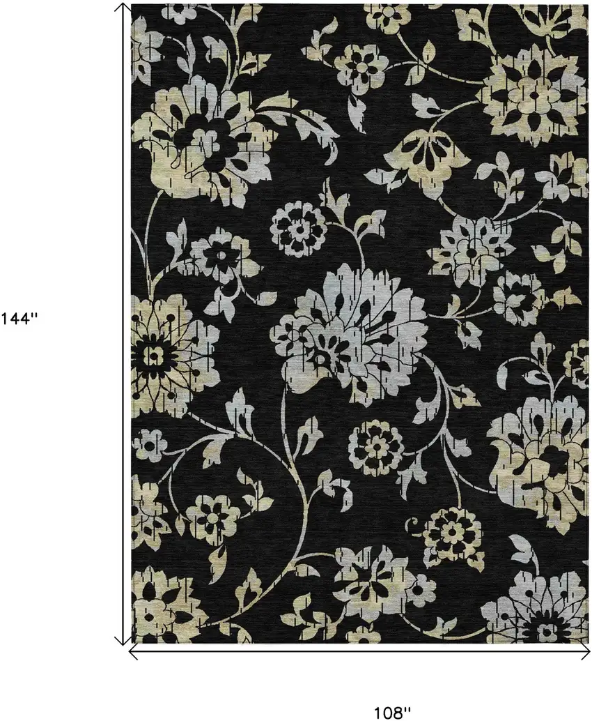 Black Artichoke Green And Silver Floral Washable Indoor Outdoor Area Rug Photo 3