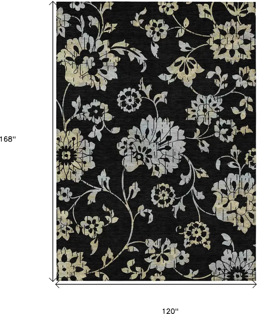 Black Artichoke Green And Silver Floral Washable Indoor Outdoor Area Rug Photo 3