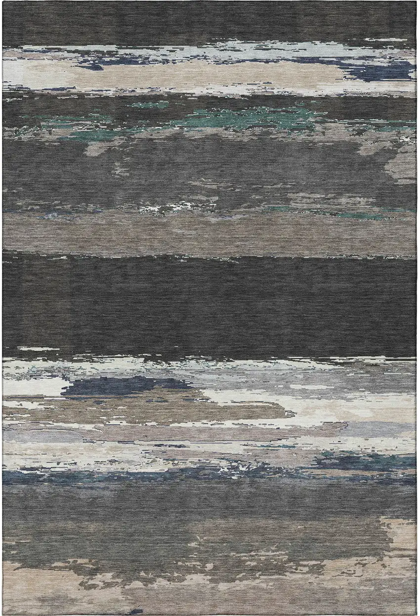 Black Beige And Blue Abstract Washable Area Rug With UV Protection Photo 3