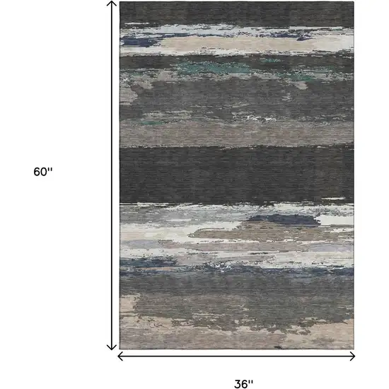 Black Beige And Blue Abstract Washable Area Rug With UV Protection Photo 3