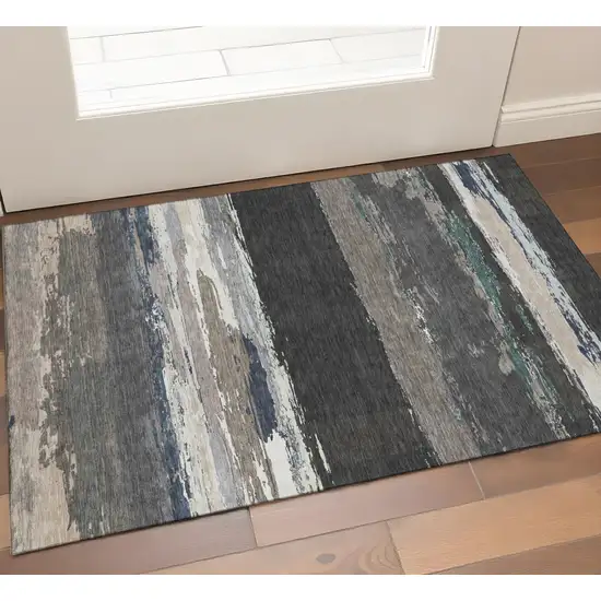 Black Beige And Blue Abstract Washable Area Rug With UV Protection Photo 1