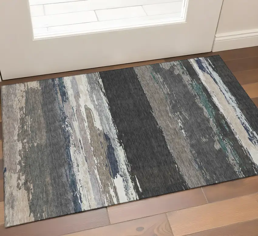 Black Beige And Blue Abstract Washable Area Rug With UV Protection Photo 1