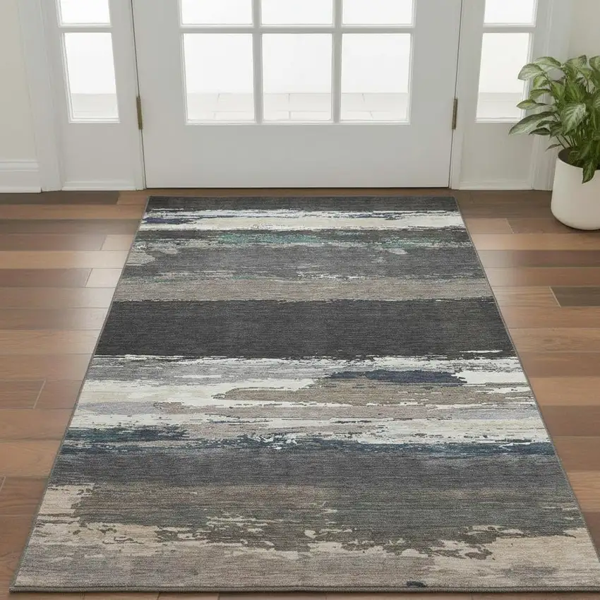 Black Beige And Blue Abstract Washable Area Rug With UV Protection Photo 2