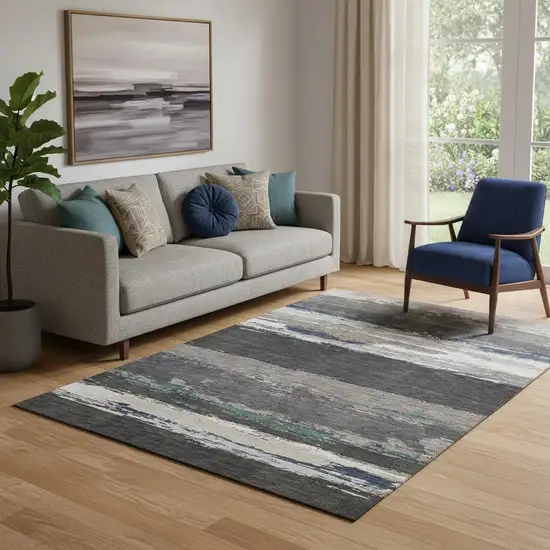 Black Beige And Blue Abstract Washable Area Rug With UV Protection Photo 2