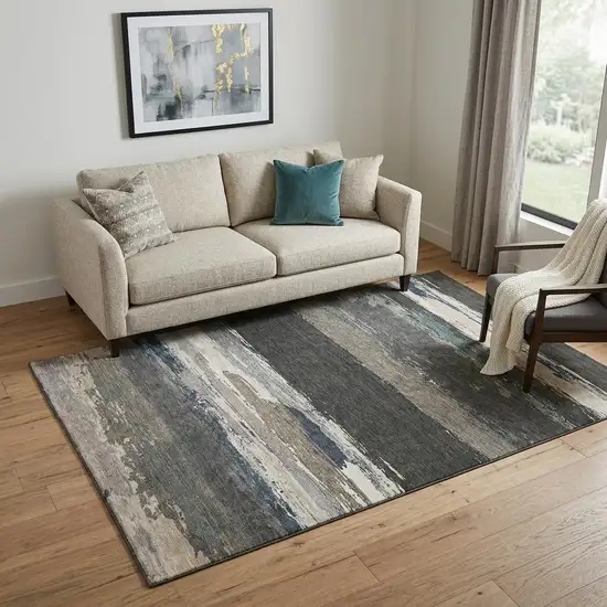 Black Beige And Blue Abstract Washable Area Rug With UV Protection Photo 1