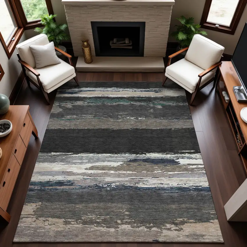 Black Beige And Blue Abstract Washable Area Rug With UV Protection Photo 4