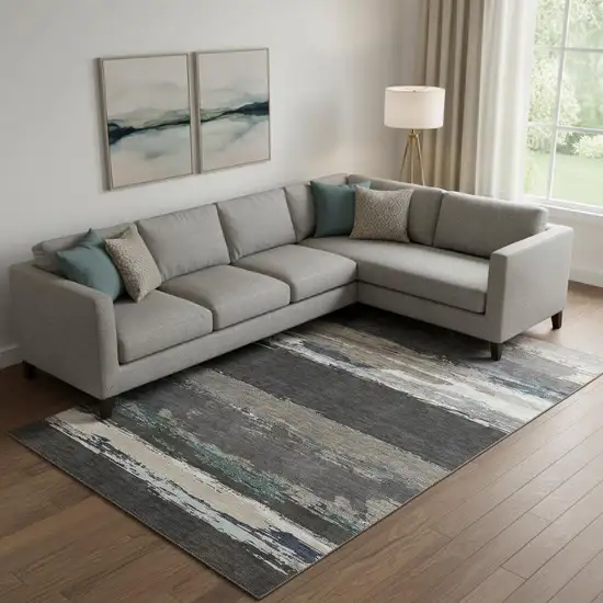 Black Beige And Blue Abstract Washable Area Rug With UV Protection Photo 2