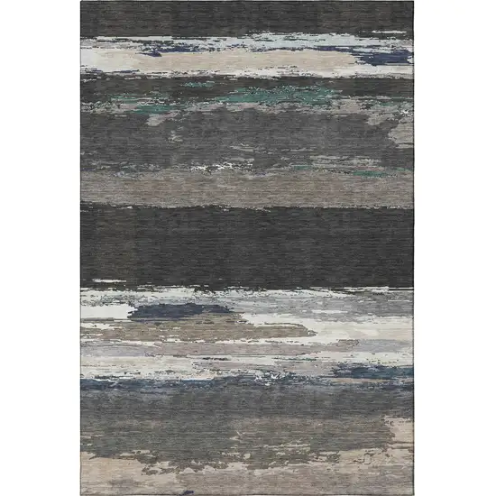 Black Beige And Blue Abstract Washable Area Rug With UV Protection Photo 4
