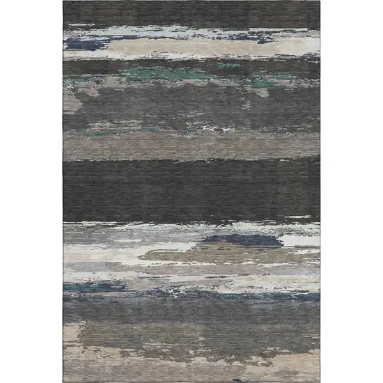 Black Beige And Blue Abstract Washable Area Rug With UV Protection Photo 1