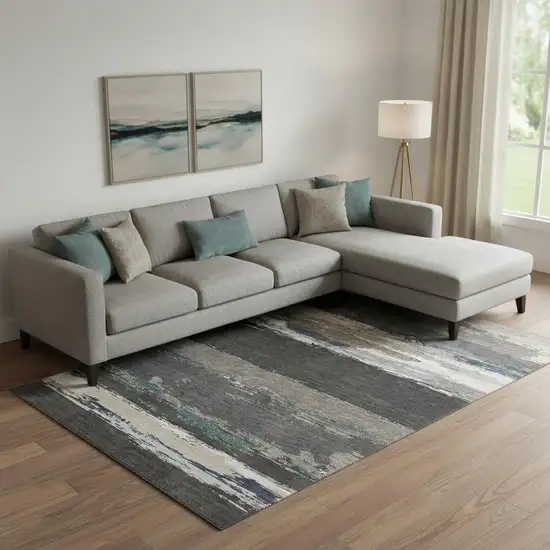 Black Beige And Blue Abstract Washable Area Rug With UV Protection Photo 2