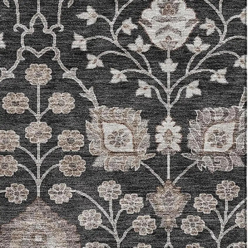 Black Beige And Brown Floral Washable Area Rug With UV Protection Photo 2