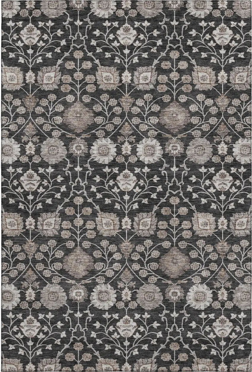 Black Beige And Brown Floral Washable Area Rug With UV Protection Photo 1