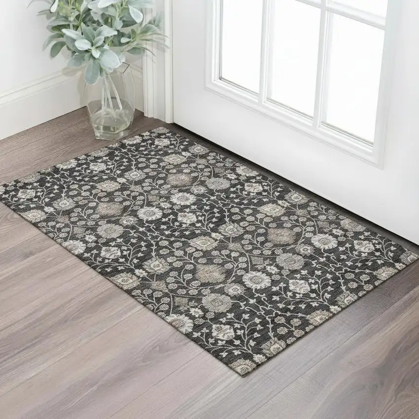 Black Beige And Brown Floral Washable Area Rug With UV Protection Photo 2