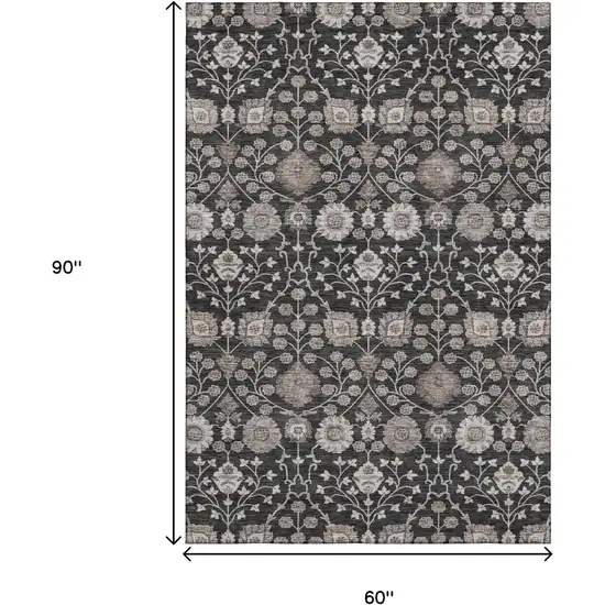 Black Beige And Brown Floral Washable Area Rug With UV Protection Photo 6