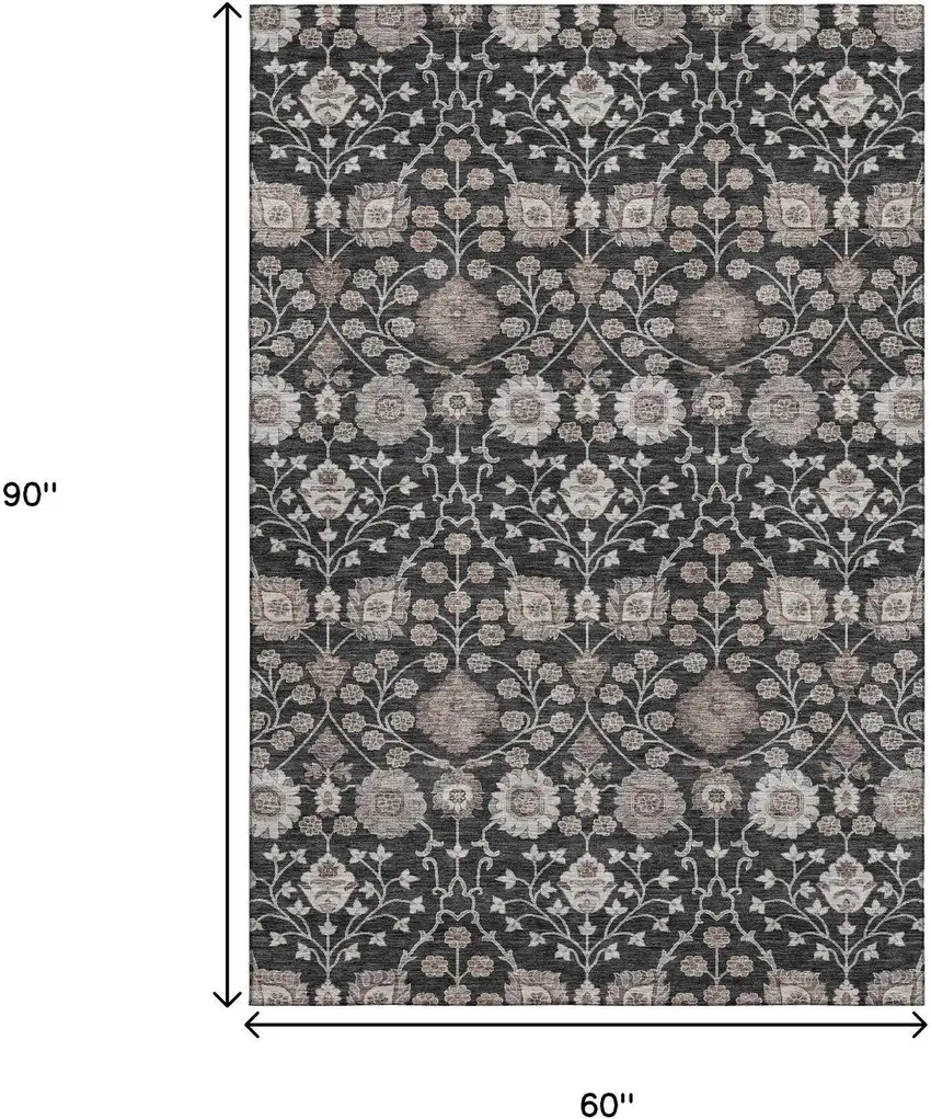 Black Beige And Brown Floral Washable Area Rug With UV Protection Photo 6