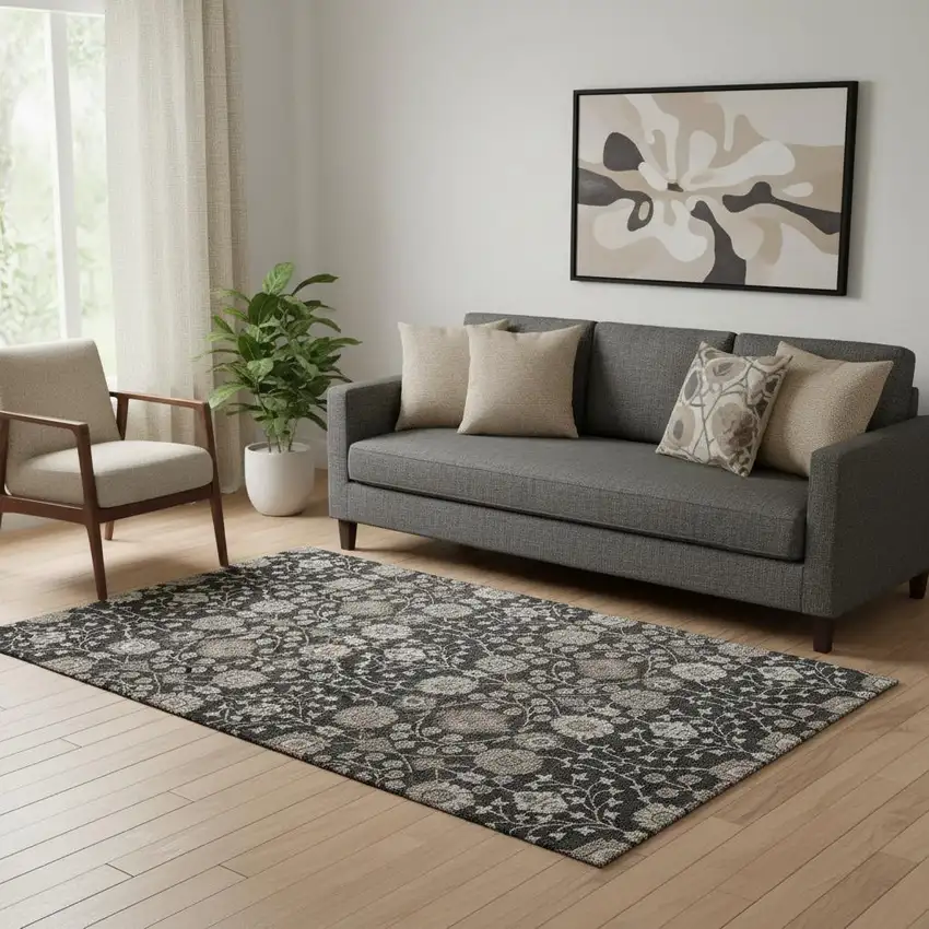 Black Beige And Brown Floral Washable Area Rug With UV Protection Photo 2