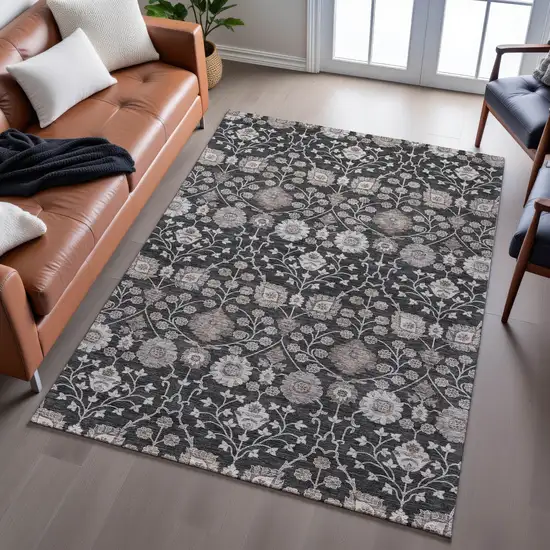 Black Beige And Brown Floral Washable Area Rug With UV Protection Photo 5