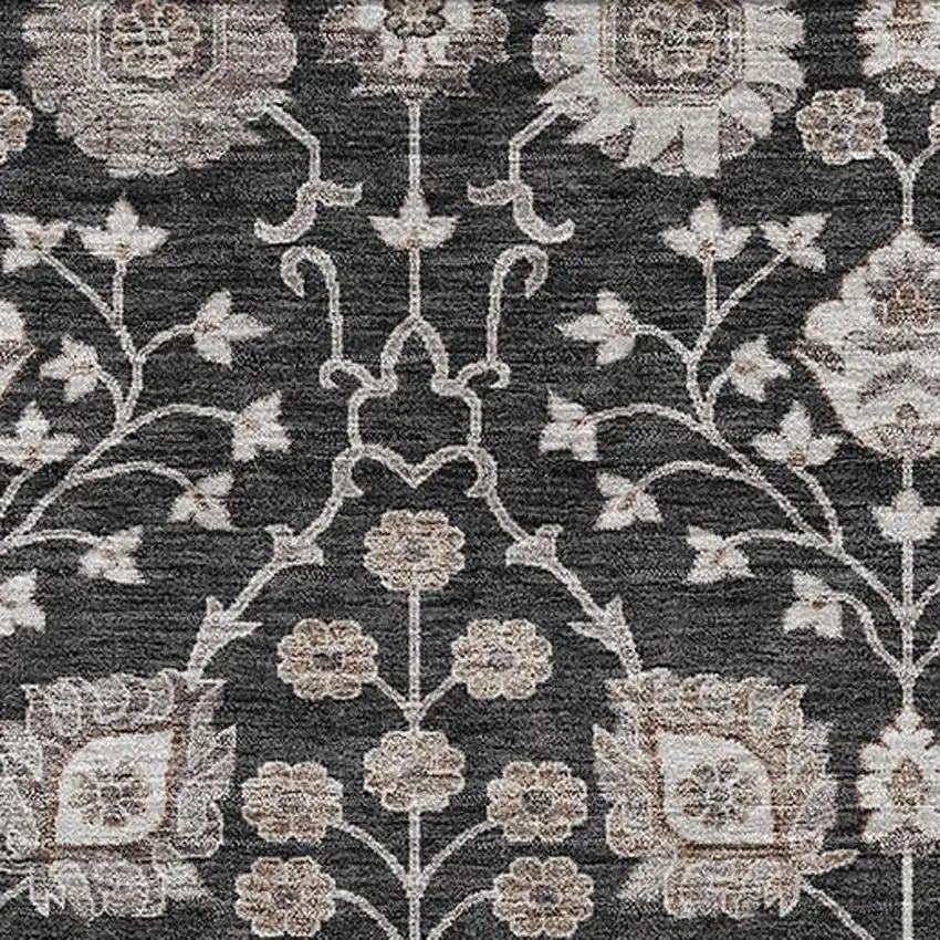 Black Beige And Brown Floral Washable Area Rug With UV Protection Photo 2