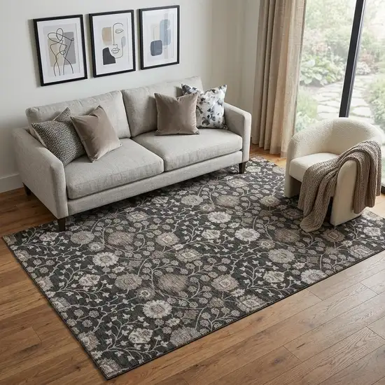 Black Beige And Brown Floral Washable Area Rug With UV Protection Photo 1