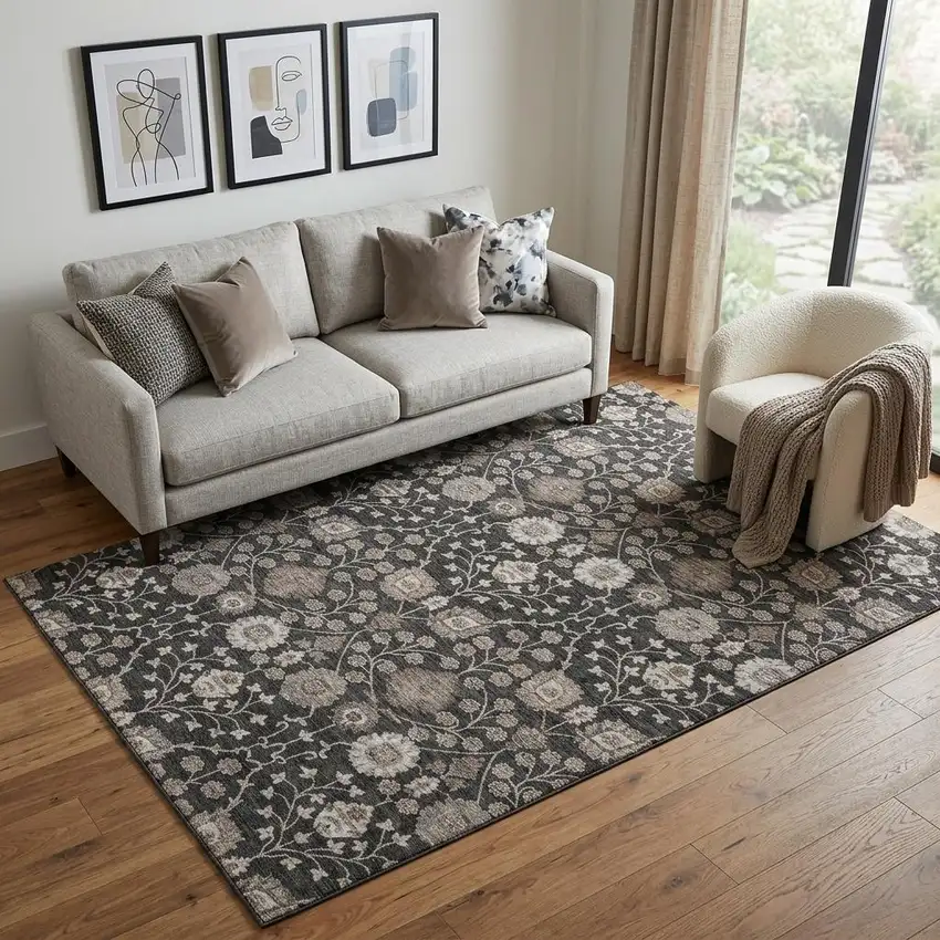 Black Beige And Brown Floral Washable Area Rug With UV Protection Photo 1