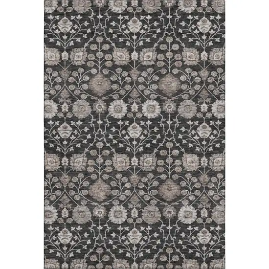 Black Beige And Brown Floral Washable Area Rug With UV Protection Photo 1