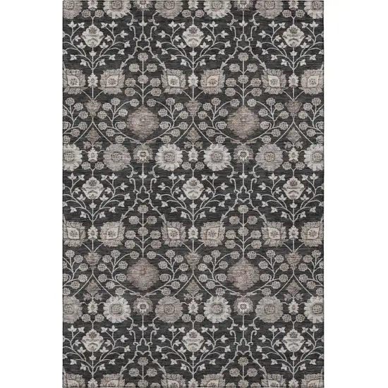 Black Beige And Brown Floral Washable Area Rug With UV Protection Photo 3