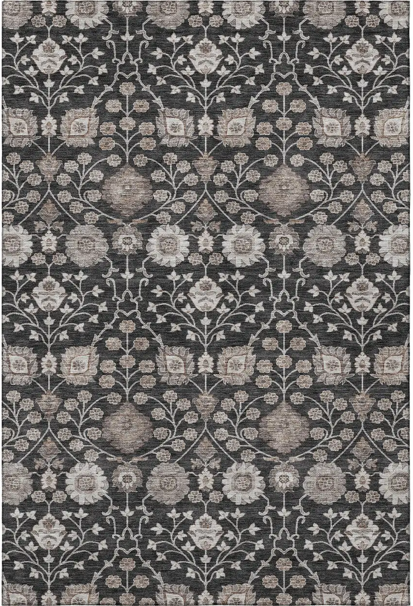 Black Beige And Brown Floral Washable Area Rug With UV Protection Photo 3