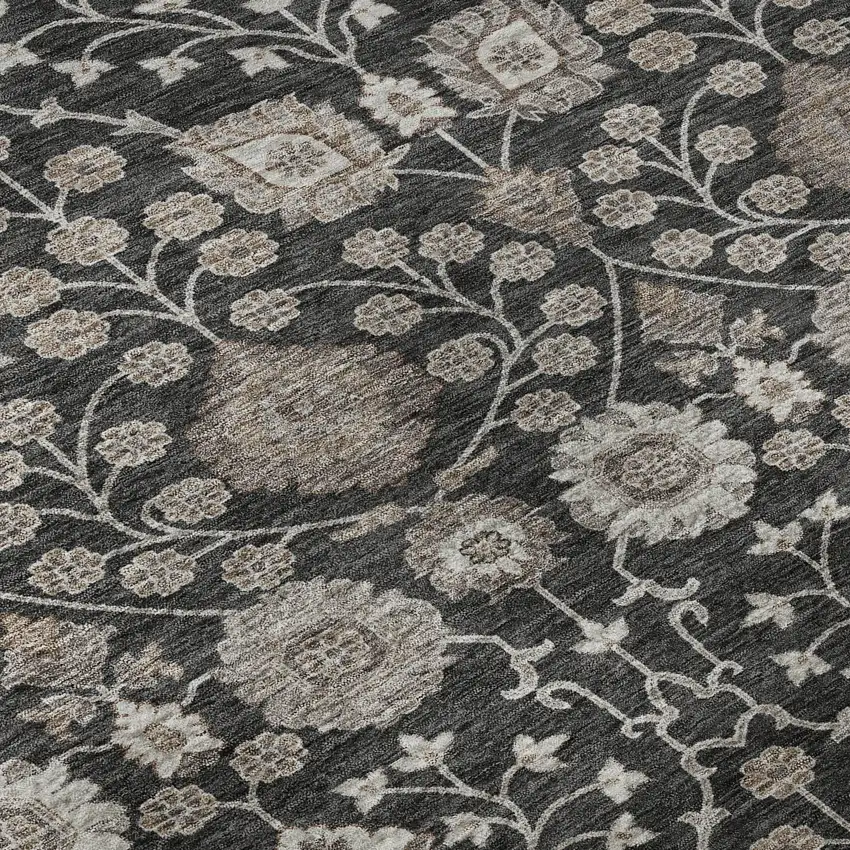 Black Beige And Brown Floral Washable Area Rug With UV Protection Photo 9
