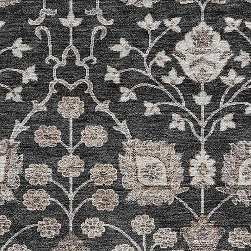 Black Beige And Brown Floral Washable Area Rug With UV Protection Photo 2