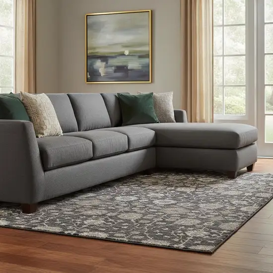 Black Beige And Brown Floral Washable Area Rug With UV Protection Photo 2