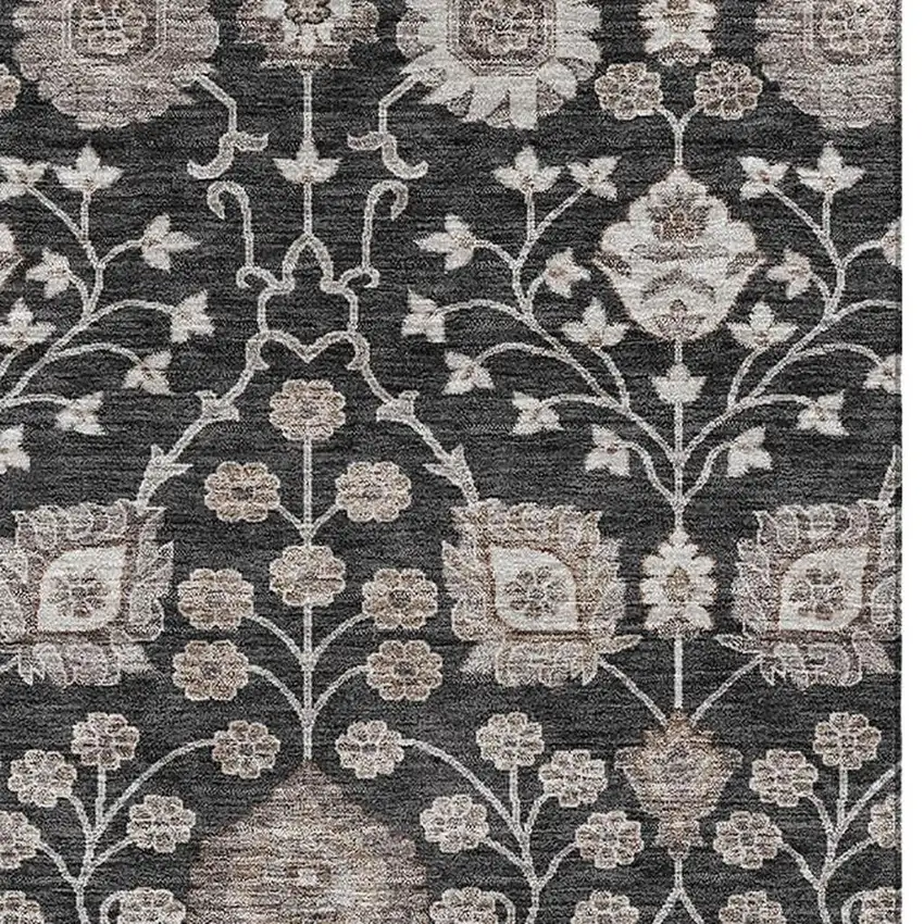 Black Beige And Brown Floral Washable Area Rug With UV Protection Photo 3