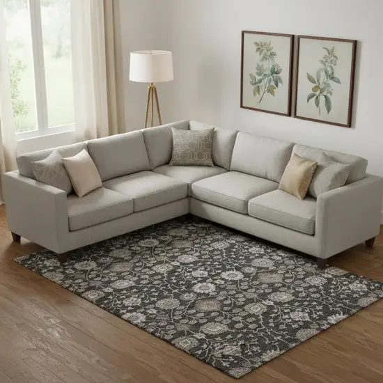 Black Beige And Brown Floral Washable Area Rug With UV Protection Photo 2