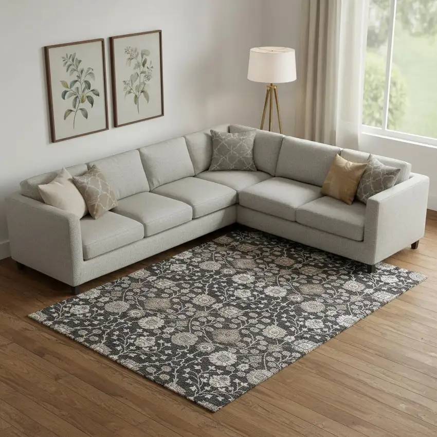 Black Beige And Brown Floral Washable Area Rug With UV Protection Photo 2