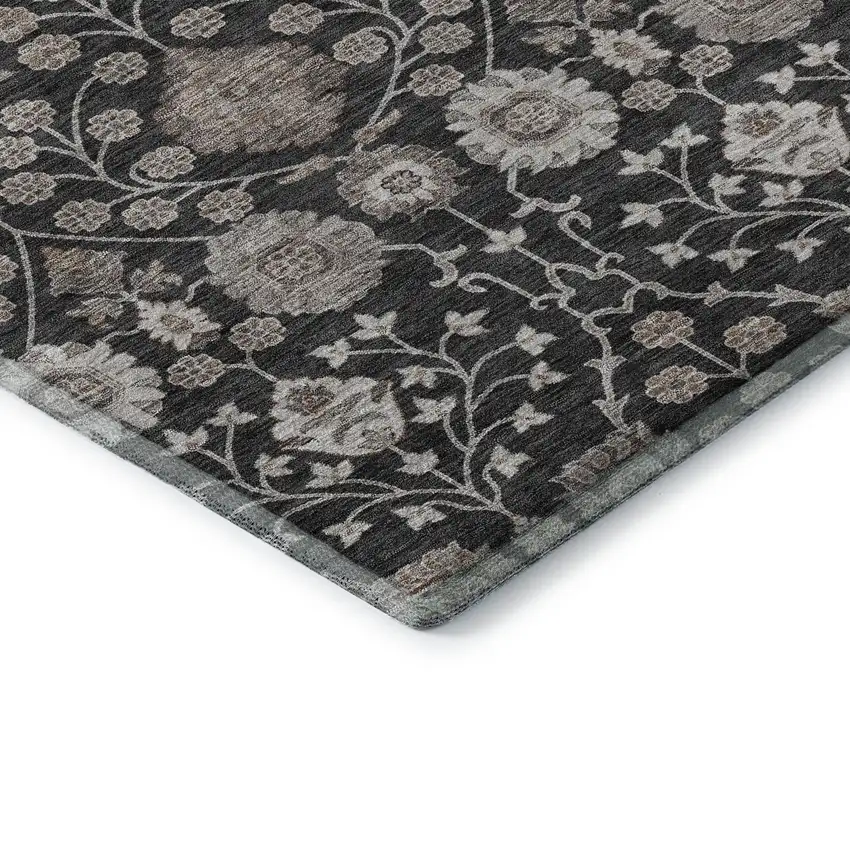 Black Beige And Brown Floral Washable Area Rug With UV Protection Photo 7