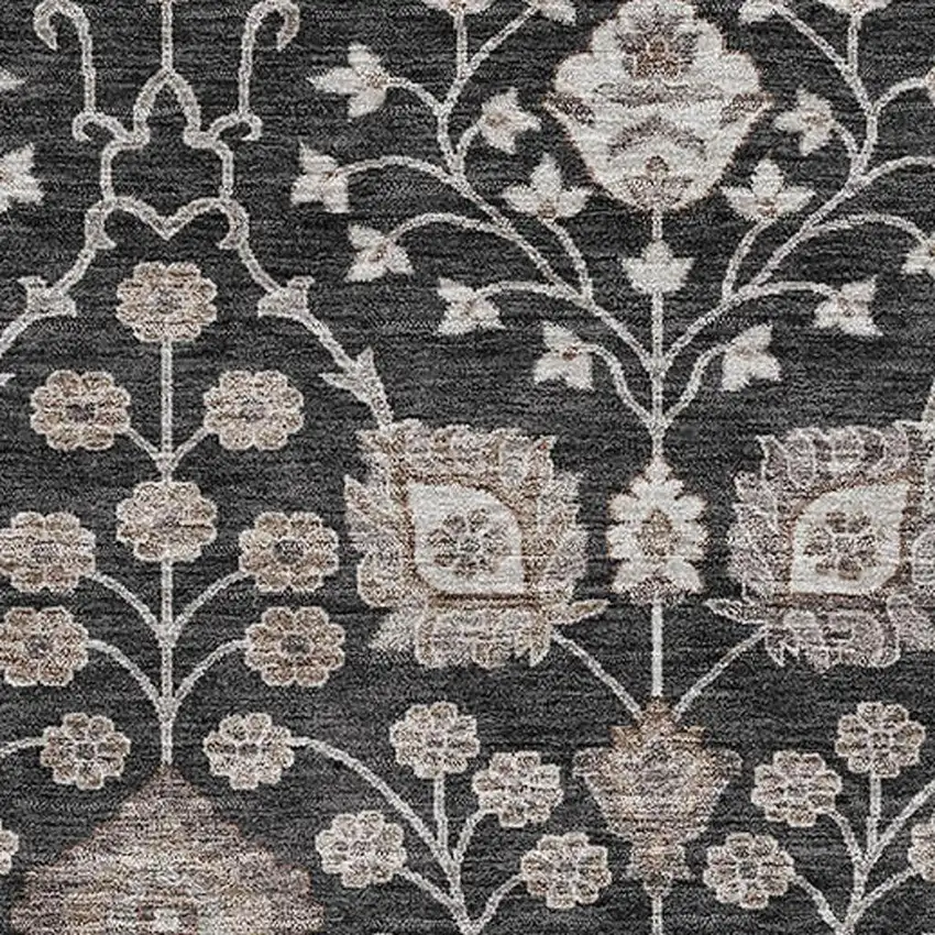 Black Beige And Brown Floral Washable Area Rug With UV Protection Photo 2