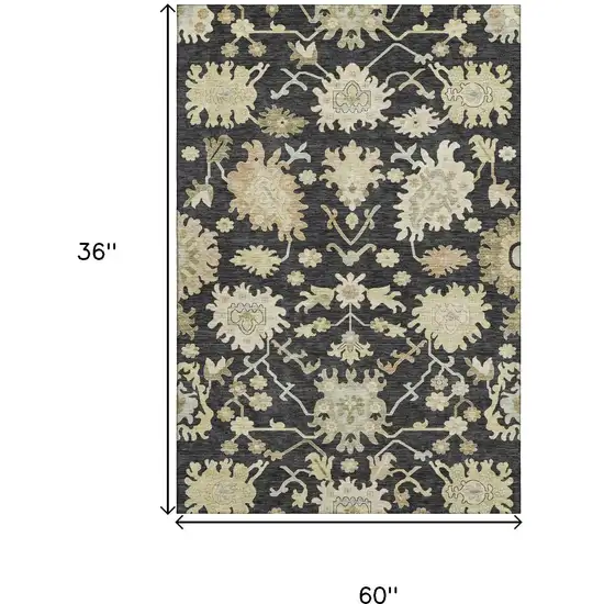 Black Beige And Gold Floral Medallion Washable Area Rug With UV Protection Photo 3